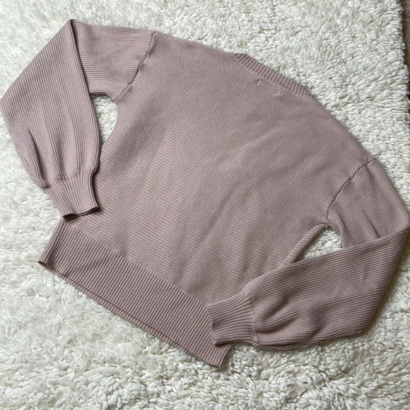 Beige Deep V Cross Over Tie Up Sweater Puff Sleeve IK10 - Picture 7 of 9